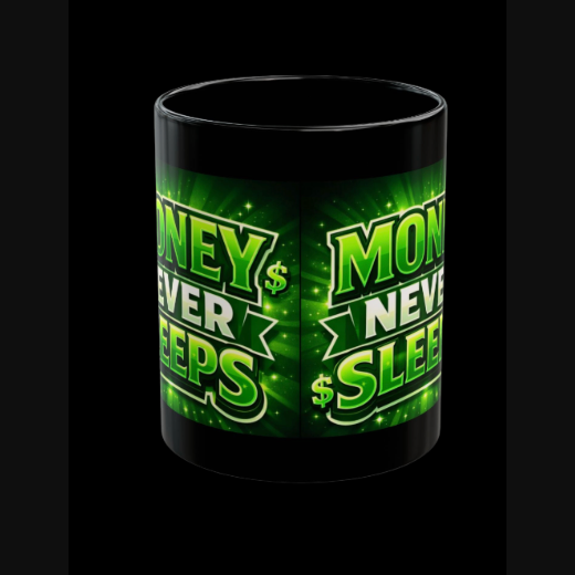 Money Never Sleeps Black Mug — 11oz/15oz Motivational Coffee Cup