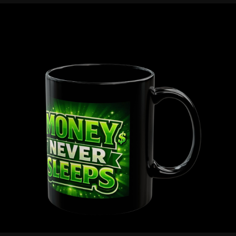 Money Never Sleeps Black Mug — 11oz/15oz Motivational Coffee Cup