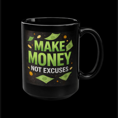 Make Money Not Excuses Mug — 15oz Black Motivational Coffee Cup
