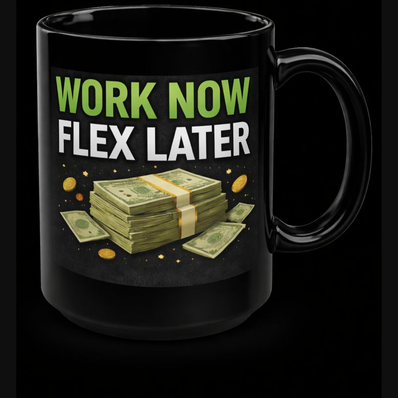 Work Now Flex Later Coffee Mug — Motivational Money Stacks Black Mug (11oz/15oz)